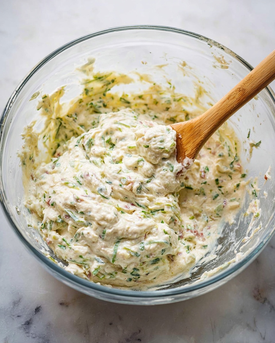 In a clear glass bowl, thick creamy mixture is shown with visible small pieces of green herbs and pink bits mixed throughout. The texture looks smooth and soft with some chunks, being stirred by a wooden spoon with a light bamboo color resting inside the bowl. The bowl is placed on a white marbled surface, highlighting the fresh and rich appearance of the mixture. Photo taken with an iphone --ar 4:5 --v 7