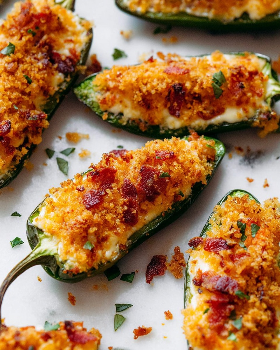 The image shows several jalapeño peppers sliced in half lengthwise, each filled with a creamy, pale yellow cheese mixture. On top of this filling, there is a golden brown, crispy breadcrumb layer with bits of red pieces, likely bacon or seasoning, sprinkled throughout. Small green herb pieces are scattered over the breadcrumbs and on the white marbled surface beneath the peppers. The peppers are arranged in close proximity, showing a mix of glossy green skin and textured golden topping. The overall look is rich and crunchy with a fresh touch from the herbs photo taken with an iphone --ar 4:5 --v 7