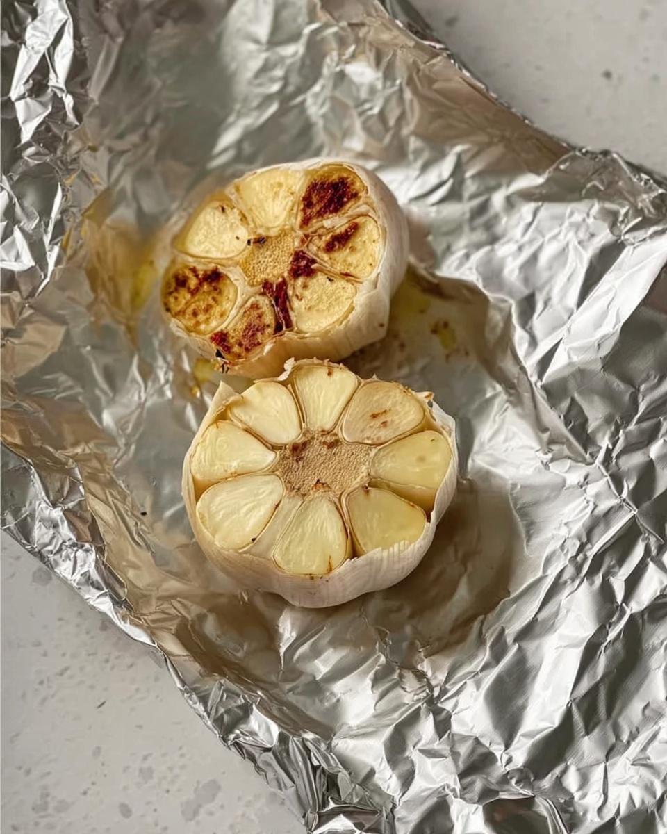 Two halves of roasted garlic sit on a shiny sheet of aluminum foil. The top half is golden brown with a soft texture and slightly dark spots from roasting. The bottom half shows whole garlic cloves that are pale cream with light brown edges. The foil surface has creases and reflects light softly, placed on a white marbled texture background. Photo taken with an iphone --ar 4:5 --v 7