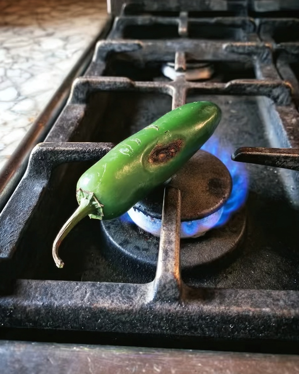 A green jalapeño pepper is placed directly on a black metal stove grate over a blue gas flame. The pepper has several charred dark spots on its smooth skin and is positioned horizontally. The surrounding stove surface is a white marbled texture visible around the metal grate and burner. The photo is taken with an iphone --ar 4:5 --v 7