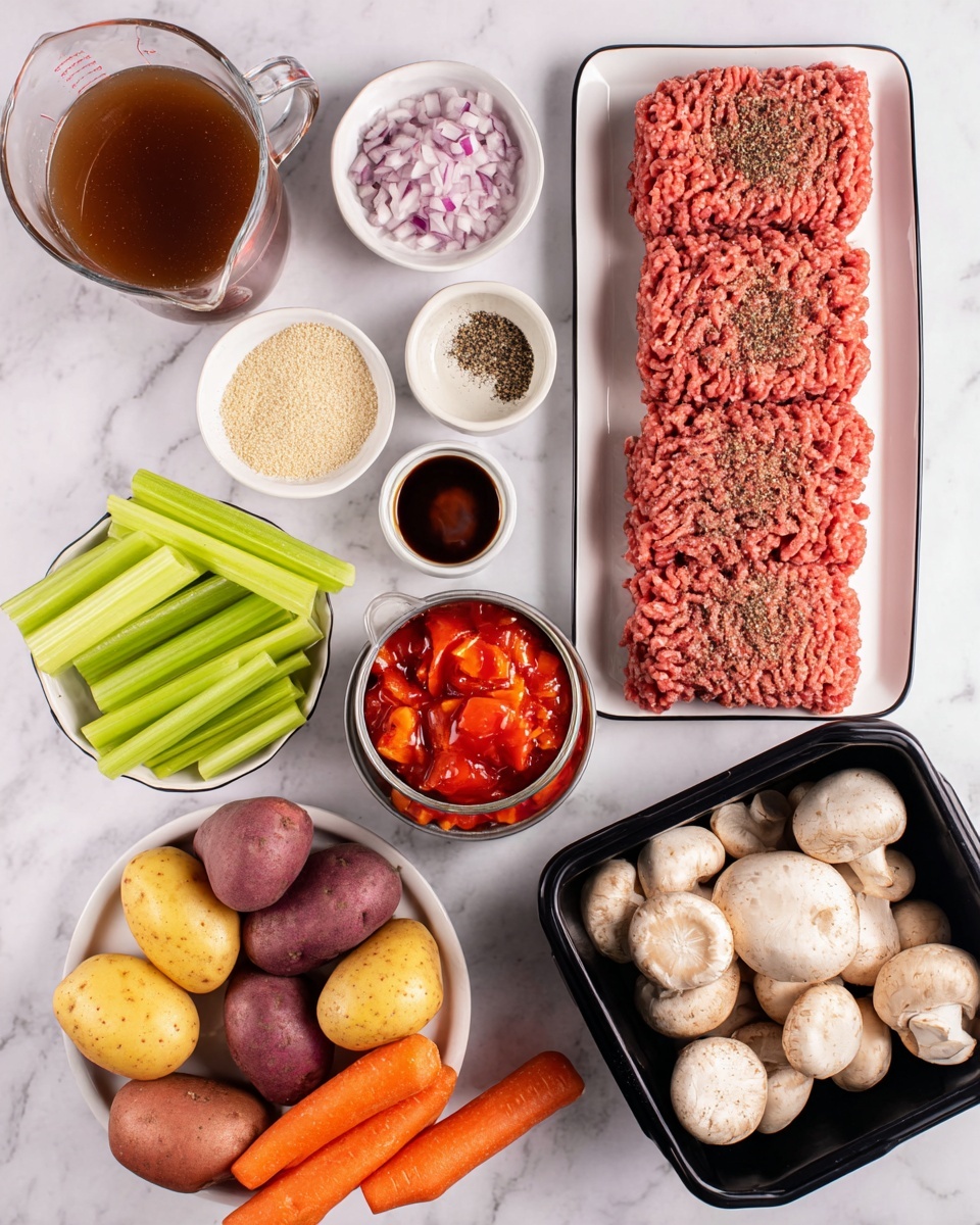This image shows a top view of various raw ingredients placed on a white marbled surface. There are two rectangular white plates with black rims; one holds ground pork with a rough pinkish texture sprinkled with black pepper, and the other has ground beef with a smoother, deep red texture also sprinkled with black pepper. A transparent glass measuring cup filled with dark brown broth is placed to the top left. Nearby, a white bowl contains finely chopped light purple shallots. An opened can in the center has red chopped tomatoes with visible chunks. A small white bowl with light-colored dry seasoning mix is next to the can. Another small white bowl has dark amber liquid, likely vinegar or sauce, placed beside a medium white bowl filled with bright green celery sticks cut short. On the bottom left, a white bowl holds a mix of small, whole multicolored potatoes—purple, red, and yellow—with some cut to reveal smooth yellow flesh. Five vibrant orange carrots lie horizontally near the center right. A black plastic container at the bottom right holds whole white mushrooms with some dirt spots.showcasing their rough, pale texture. photo taken with an iphone --ar 4:5 --v 7