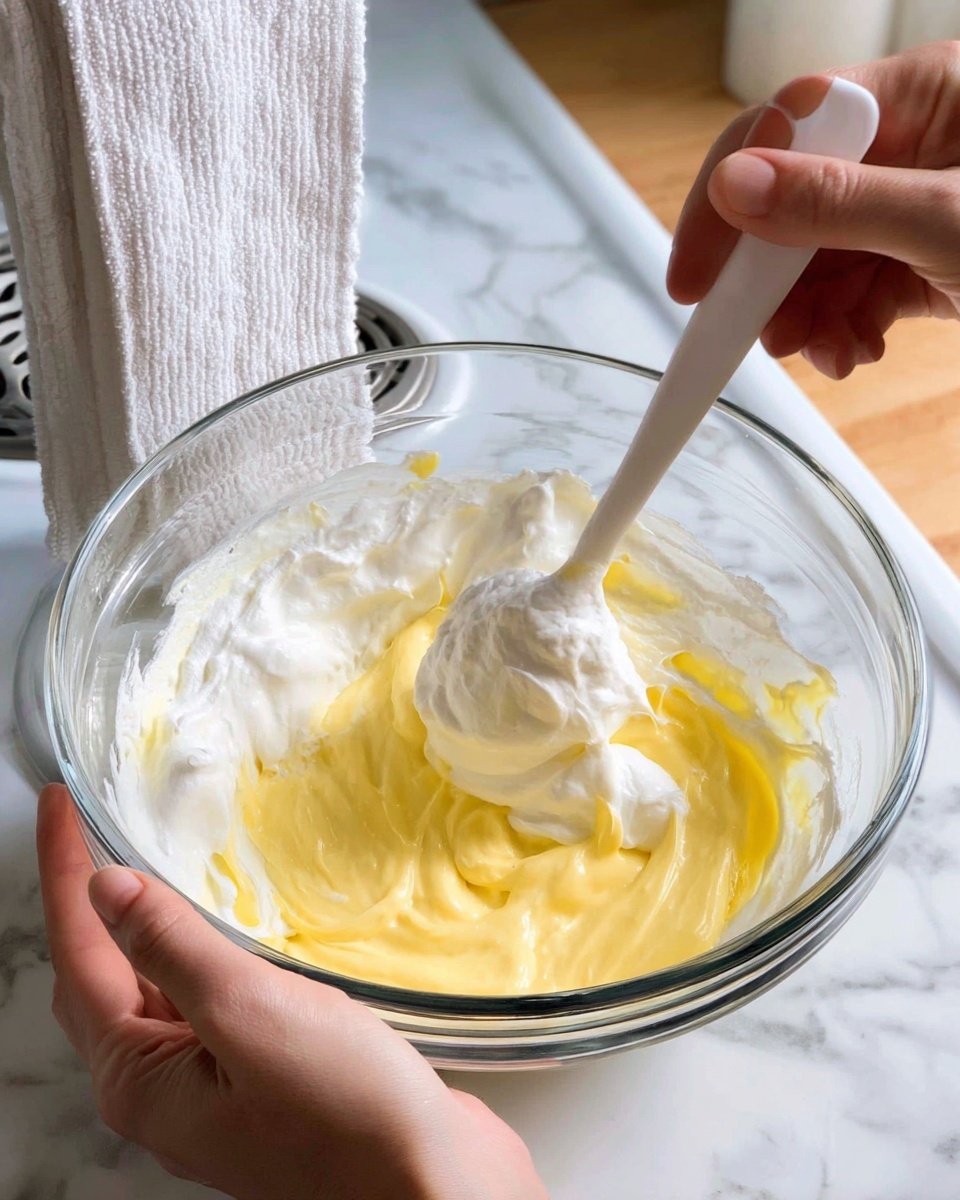 A clear glass bowl contains two main layers being mixed: a thick, white, fluffy foam on the outside edges and a smooth, bright yellow creamy mixture in the center. One woman's hand holds the side of the bowl, while the other woman's hand stirs the contents with a white spatula, lifting some of the foam and yellow cream together, showing a soft, light texture. The bowl is placed on a white marbled surface, and the background includes part of a stove with a white towel hanging on its handle. Photo taken with an iphone --ar 4:5 --v 7