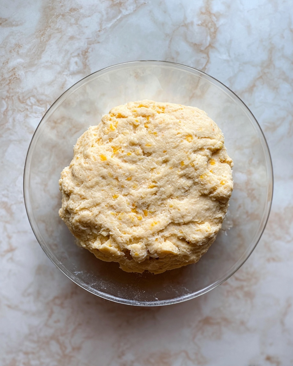 A single round dough ball sits in the center of a clear glass bowl, with a bumpy and rough texture that shows small yellow pieces mixed throughout the pale beige dough. The dough appears soft and slightly uneven on top. The bowl rests on a white marbled surface with subtle veining patterns. photo taken with an iphone --ar 4:5 --v 7