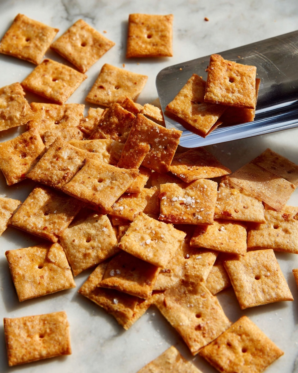 The image shows many small, square crackers with a golden brown color and slightly rough texture scattered on a white marbled surface. The crackers have tiny holes in the middle and some white salt flakes on top. A metal spatula is lifting some crackers, catching their light shine and showing their thin, crispy texture. The scene is bright with natural light creating soft shadows. photo taken with an iphone --ar 4:5 --v 7