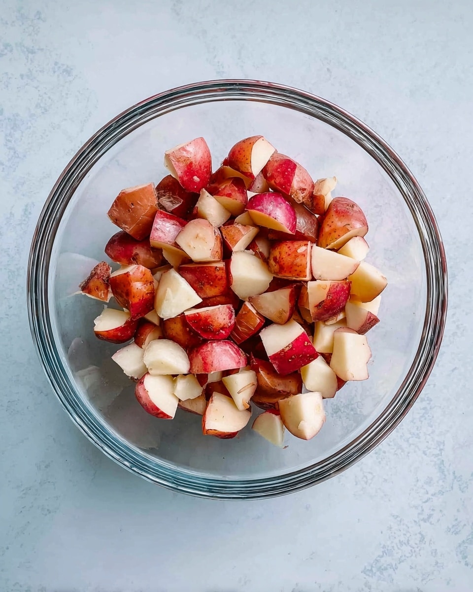 The image shows a clear glass bowl filled with several pieces of chopped red-skinned potatoes. The potatoes are cut into small, uneven chunks, displaying both the reddish outer skin and the white inside of the potatoes. The bowl is placed on a white marbled surface, giving a clean and simple background. The bowl is centered in the image, and the view is from above. photo taken with an iphone --ar 4:5 --v 7
