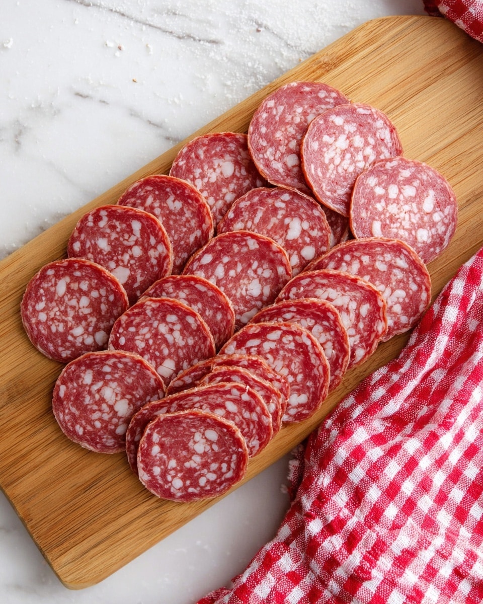 A wooden board holds three neat overlapping rows of thin, round slices of reddish-pink salami with white fat specks scattered throughout. The slices form three layers horizontally and four vertically, creating a grid-like pattern. To the right side of the board, there is a red and white checkered cloth slightly folded over, and the background is a white marbled texture. photo taken with an iphone --ar 4:5 --v 7