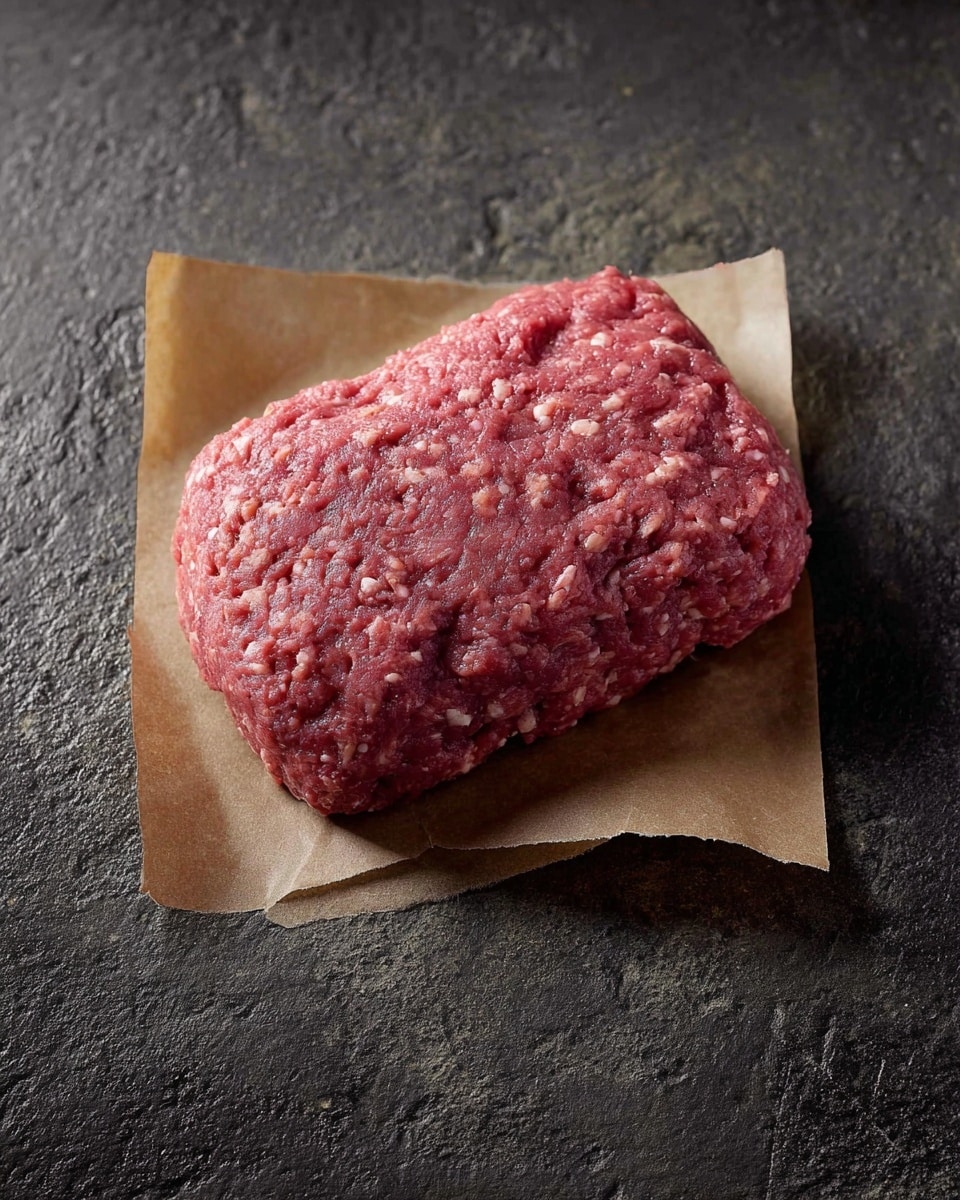 A raw meatloaf shape with a rough, uneven texture sits on a small piece of brown parchment paper. The meatloaf is pinkish-red with small white bits mixed in, showing a slightly lumpy surface. The parchment paper is placed on a dark slate-like surface with a slightly bumpy texture. photo taken with an iphone --ar 4:5 --v 7