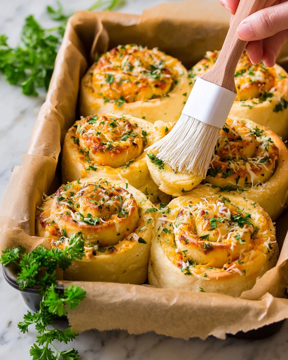 A close-up view of seven golden baked swirled rolls in a baking pan lined with light brown parchment paper, each roll showing layers of soft dough with a slightly crispy top, topped with melted cheese and sprinkled finely chopped green herbs. A woman's hand is using a brush with white bristles and a wooden handle to spread a topping on one of the rolls. The rolls have a bumpy and golden texture where the cheese is melted, and a fluffy creamy yellow inside. Fresh green parsley leaves are placed around the pan on a white marbled surface. Photo taken with an iphone --ar 4:5 --v 7