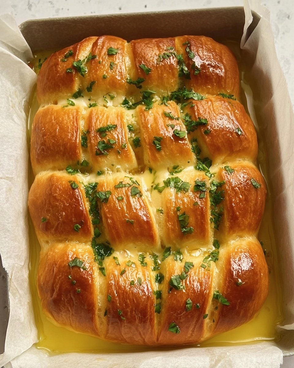 The image shows six golden brown baked rolls arranged closely in a square white parchment-lined baking pan. The rolls have a shiny, smooth surface with evenly spaced horizontal ridges running across them, giving a layered texture. Each roll is topped with small pieces of bright green chopped herbs scattered unevenly, adding a fresh color contrast. A light yellow buttery sauce pools around the base of the rolls, making them look moist and rich. The background and surface under the pan have a white marbled texture. photo taken with an iphone --ar 4:5 --v 7
