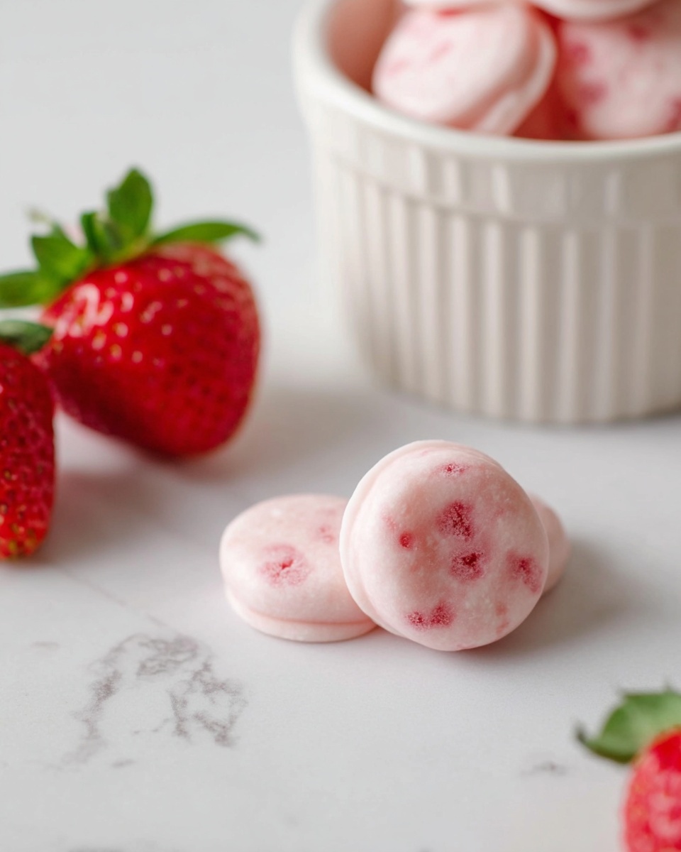 The image shows three round, pale pink candies with small darker pink spots spread inside them, placed on a white marbled surface. To the left, there are two fresh strawberries with green leaves, and on the upper right side, part of a white ribbed bowl is visible, filled with more of the same pink candies. The candies have a smooth, slightly textured look and are arranged close together in front of the bowl. Photo taken with an iphone --ar 4:5 --v 7