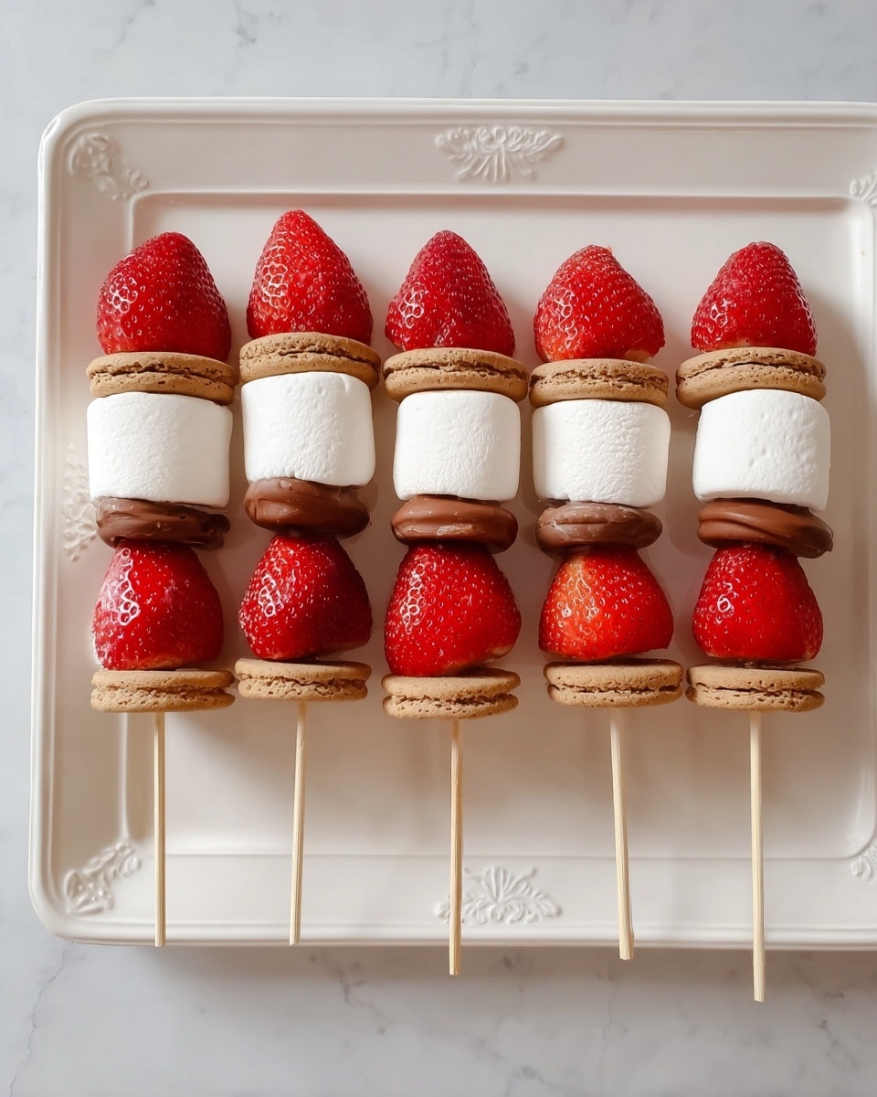 The image shows six skewers placed side by side on a white rectangular plate with a decorative edge, all set on a white marbled surface. Each skewer has four layers from top to bottom: a red strawberry piece with visible seeds and a shiny texture, followed by a small round brown cookie with a slightly rough surface, then a thick white marshmallow with a smooth and soft texture, another light brown cookie similar to the first, and finally another red strawberry piece at the bottom. The arrangement is neat, with all skewers evenly spaced and aligned in the same order. Photo taken with an iphone --ar 4:5 --v 7