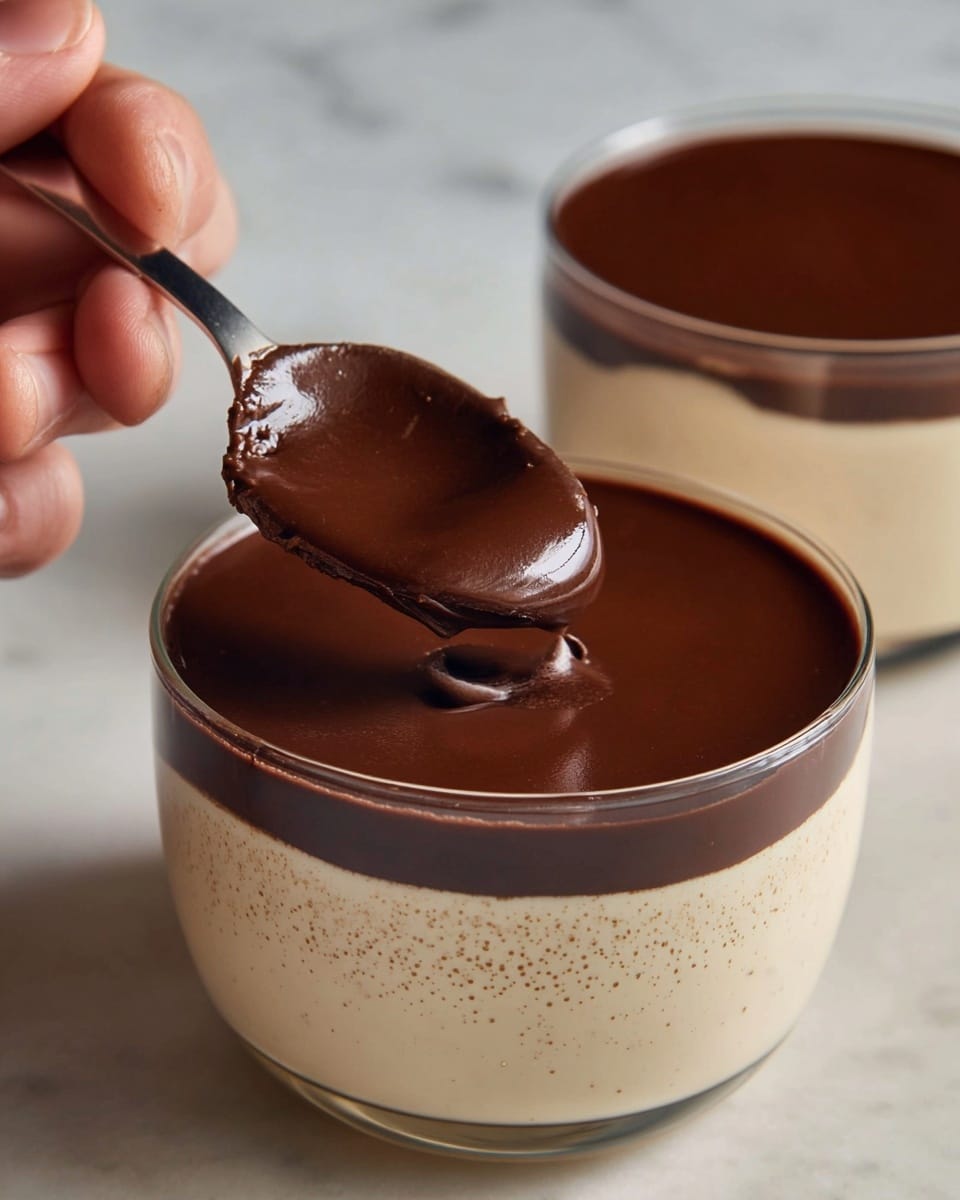 The image shows two glass dessert cups filled with a two-layer dessert. The bottom layer is creamy and pale beige with a smooth, slightly speckled texture. The top layer is a thick, shiny dark brown chocolate layer that covers the cream fully. In the front cup, a woman's hand holds the glass, while another woman's hand is using a spoon to scoop into the chocolate layer, making a small, clean indentation. The background and surface are a white marbled texture. photo taken with an iphone --ar 4:5 --v 7