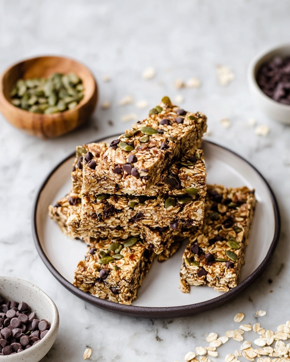 The image shows a stack of oat bars arranged on a white plate with a dark rim. The bars have a rough texture made of oats, small green pumpkin seeds, dark chocolate chips, and bits of nuts spread throughout. The bars are rectangular and layered unevenly, with some bars laying flat and others leaning against the stack, showing their chunky and grainy surface. The plate is placed on a white marbled surface with scattered oat flakes and chocolate chips around. A small wooden bowl filled with pumpkin seeds and a white bowl with extra chocolate chips are visible near the top left and bottom right corners of the image respectively. Photo taken with an iphone --ar 4:5 --v 7