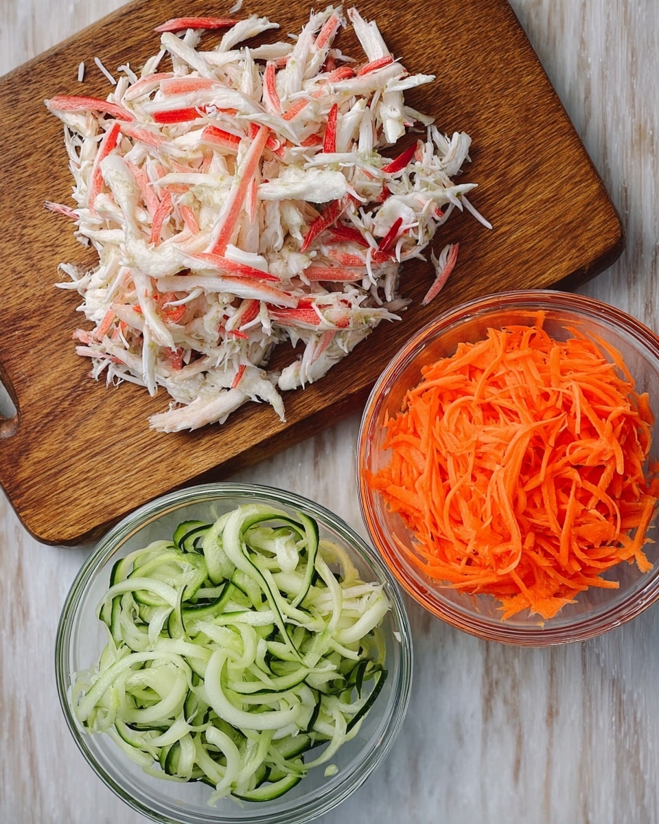The image shows three layers of shredded ingredients on a wooden board and in two clear glass bowls. The largest layer is on the wooden board, made of white and red crab sticks, thinly shredded and mixed with some pale pink pieces. Below the board, to the right, is a bowl filled with thin, curly, pale green cucumber slices, some darker green strips mixed in. To the left of that is another bowl containing thin, straight, bright orange shredded carrot strips. The background is a white marbled texture photo taken with an iphone --ar 4:5 --v 7