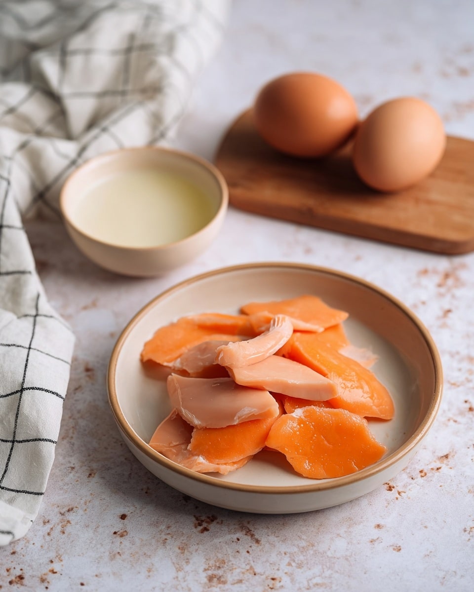 A beige bowl holds several pieces of orange and pale pink soft food that look smooth and shiny, arranged loosely on the plate with no specific pattern. Behind the bowl, there are two brown eggs placed on a wooden board, along with a small bowl filled with a white liquid. On the left side, a white cloth with a black grid pattern is casually placed, while the background surface is a light white marble with subtle grey and brown speckles. The whole setting looks natural and simple. photo taken with an iphone --ar 4:5 --v 7
