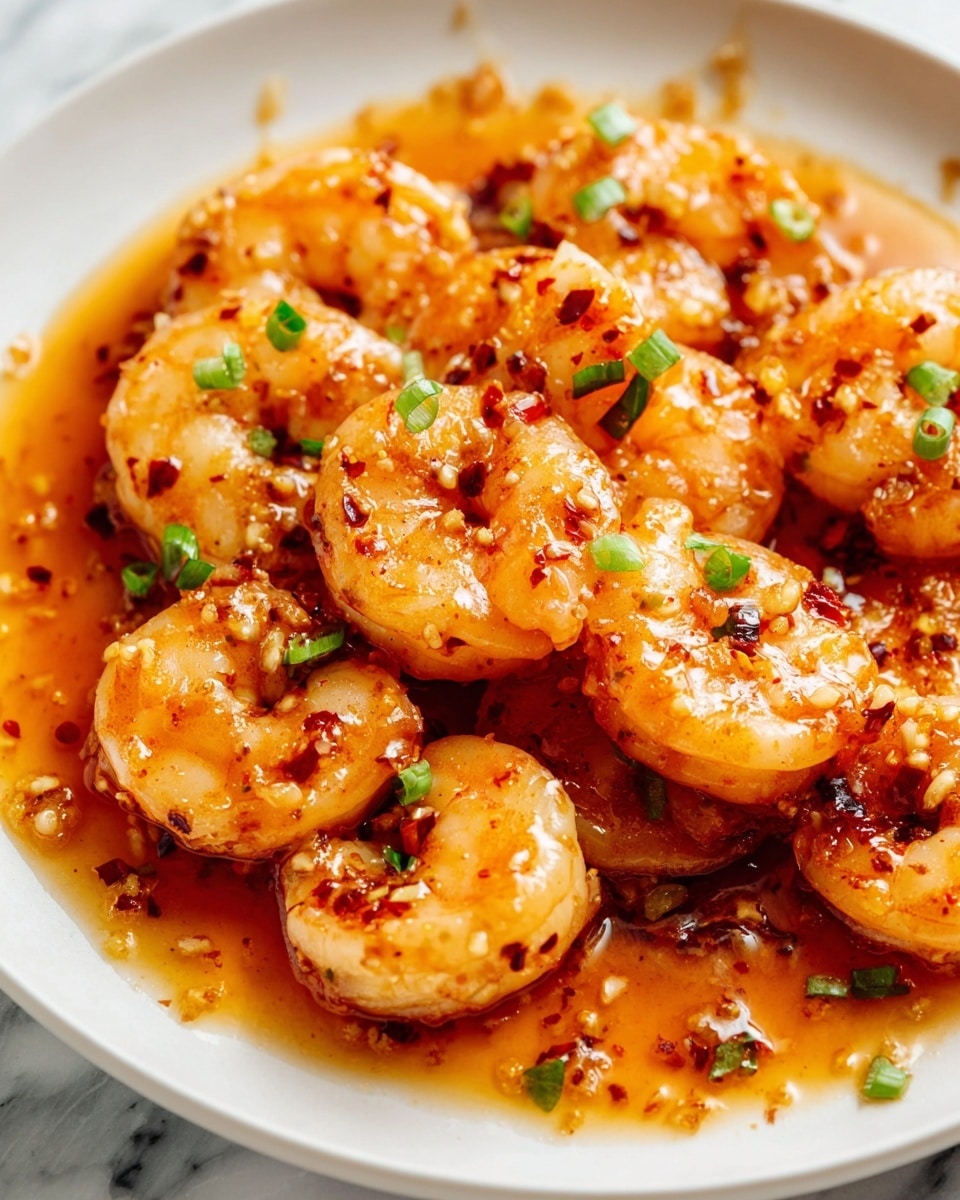 A white round plate filled with one layer of cooked shrimp covered in a shiny, orange-brown sauce. The shrimp are a light golden color with some red chili flakes and small green onion pieces sprinkled on top, adding a pop of green color. The sauce pools around the shrimp, giving them a glossy look with bits of minced garlic or spices visible. The background shows a white marbled texture. Photo taken with an iphone --ar 4:5 --v 7