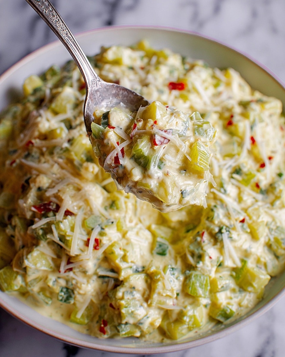 A close-up view of a white plate filled with a creamy mixture mainly made of small chopped vegetables in light yellow and green shades, with a few red specks and white shreds scattered on top. A spoon is holding a scoop of this thick creamy mixture, showing the soft, chunky texture with visible pieces of vegetables. The background has a white marbled texture. Photo taken with an iphone --ar 4:5 --v 7
