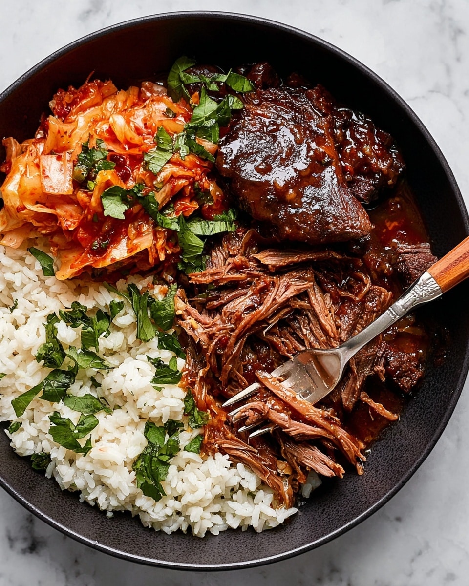 In a black bowl on a white marbled texture, there are three main layers. On the left side is a layer of white rice with separate grains. Next to it on the right is dark brown shredded meat with juicy sauce glistening on top, some pieces being lifted by a fork with a wooden handle. Above the shredded meat, there is a chunk of tender dark brown meat covered in thick sauce with onions. On the top left side is a serving of reddish-orange fermented cabbage with green herb leaves scattered around the dish for garnish. Photo taken with an iphone --ar 4:5 --v 7