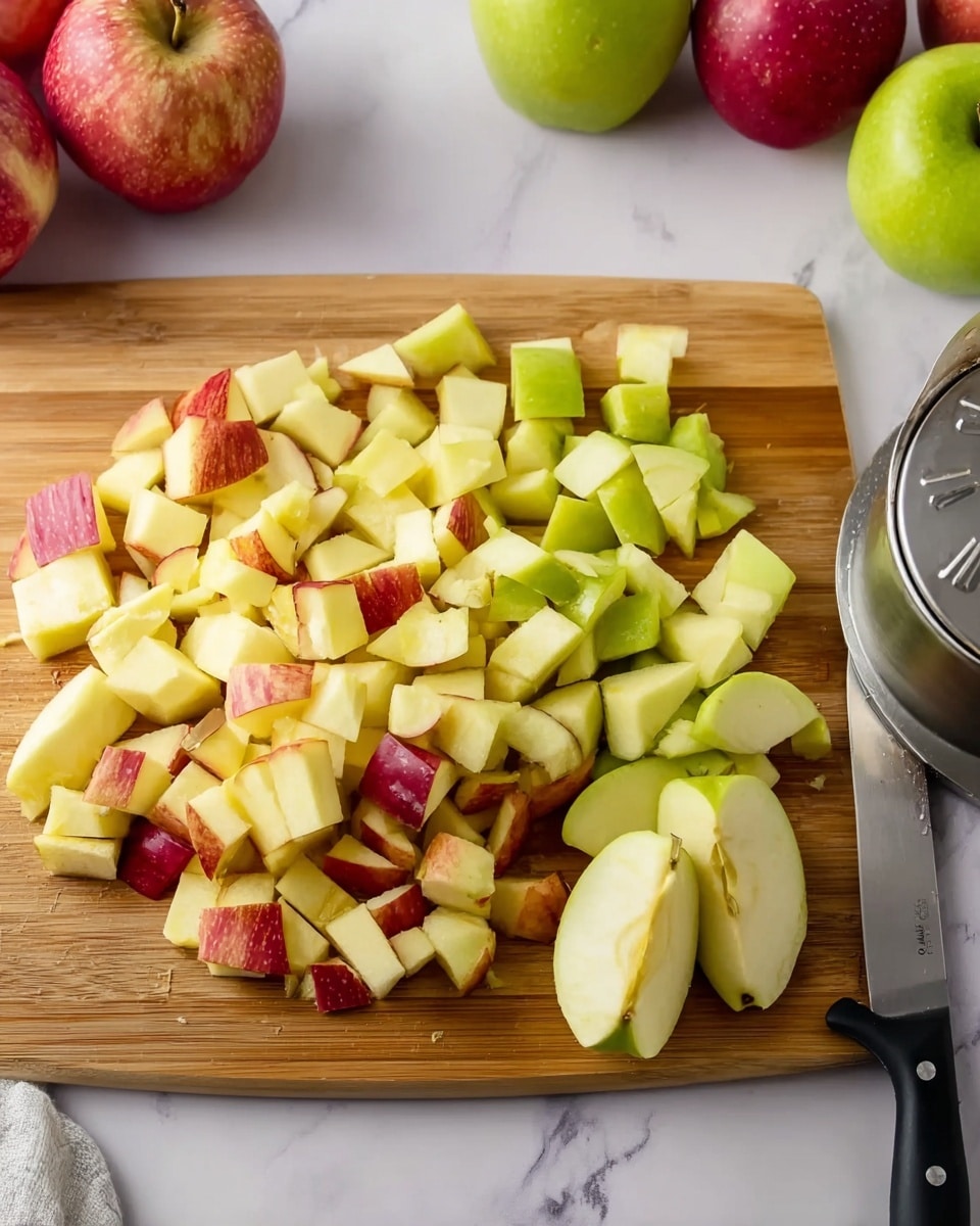 The image shows a wooden cutting board on a white marbled surface, filled with chopped apple pieces in the center. The chopped apples include layers of light yellow flesh with red and green skins mixed together. On the right side of the board, there are larger apple slices with visible skins. A knife with a black handle lies diagonally at the bottom right corner of the board. In the background, there are whole red and green apples slightly blurred on the white marbled surface, and on the top right, there is a metal apple slicer with a few apple slices inside. photo taken with an iphone --ar 4:5 --v 7
