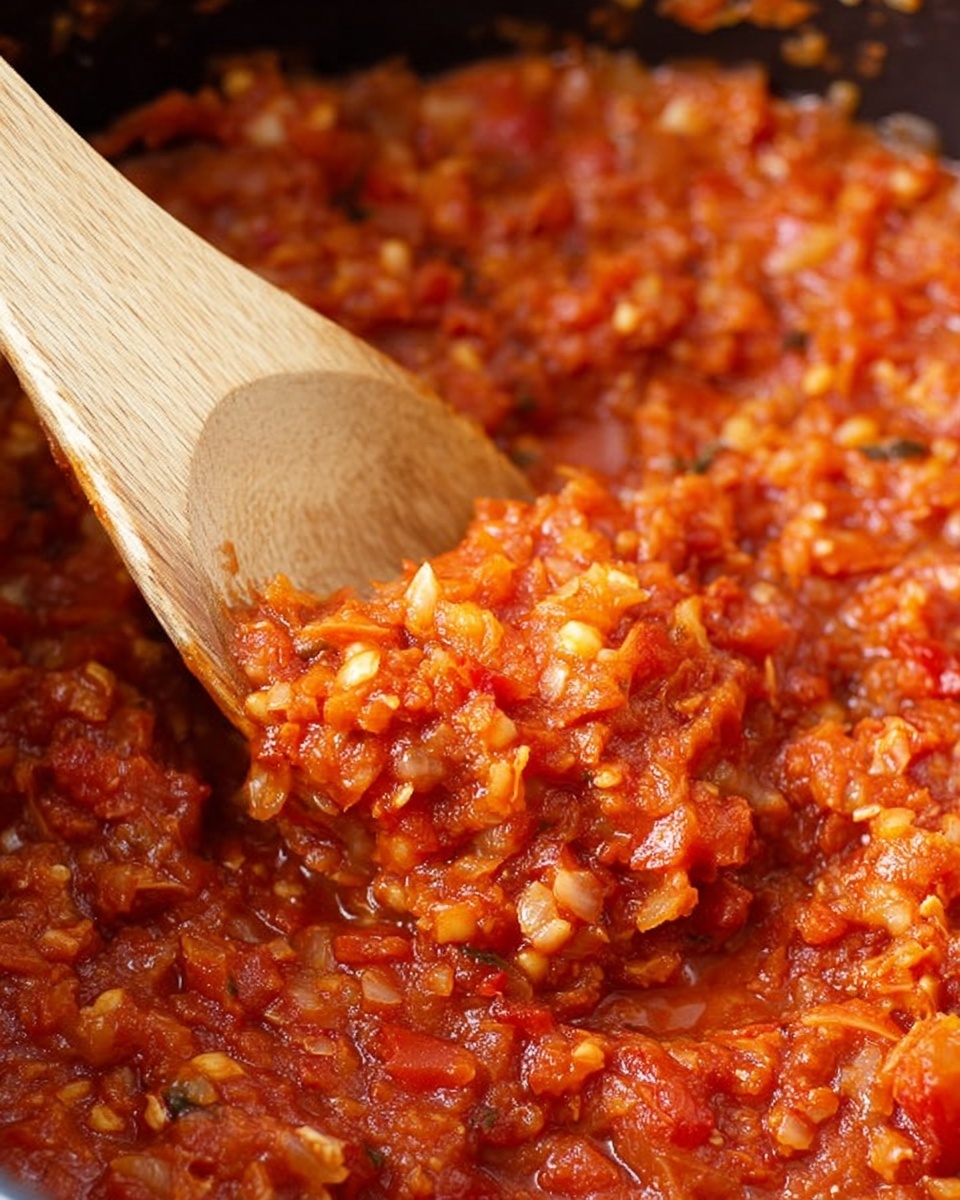 The image shows a thick, chunky mixture of cooked tomato sauce with small pieces of lightly browned vegetables and possibly legumes, all stirred together in a pot. The colors are mainly rich reds and oranges with bits of light tan and creamy white from the cooked ingredients, with a wooden spoon scooping some of the sauce, its texture slightly coarse and moist. The close-up view highlights the mix’s warmth and heartiness. Photo taken with an iphone --ar 4:5 --v 7