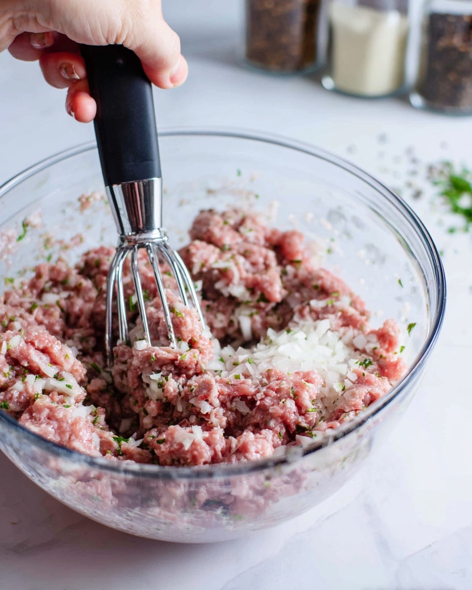 A clear glass bowl filled with a mixture of raw ground meat, white rice, chopped white onions, and green herbs is being mashed with a metal potato masher. The meat mixture has a pink and white coarse texture with scattered small green herb bits. A woman's hand grips the black handle of the masher, pressing down into the mix. The bowl sits on a white marbled surface with blurred spice containers in the background. photo taken with an iphone --ar 4:5 --v 7
