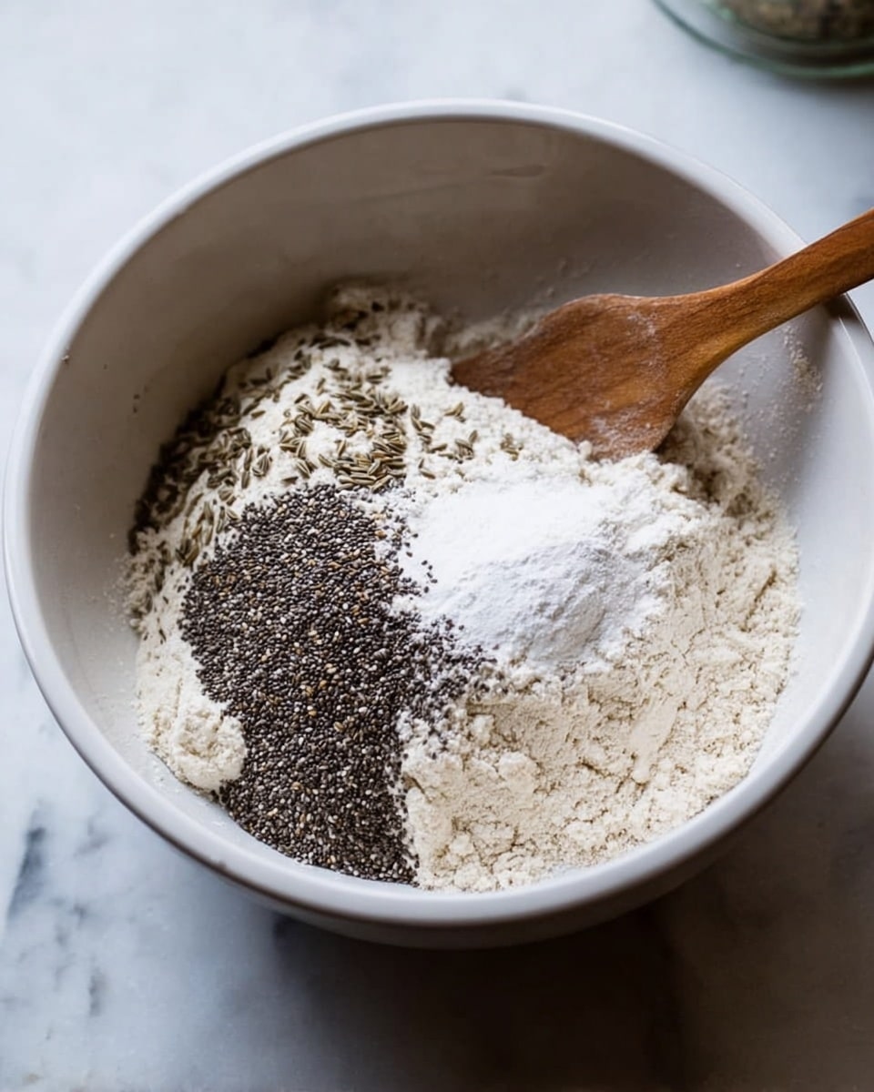 Inside a large white bowl, there are several layers of dry ingredients. The base is a mound of light tan flour with a soft powdery texture. Over one side of the flour, there is a dark layer of small chia seeds, creating a rough texture. On top of the flour in the middle, there is a small heap of white powder, likely baking powder or baking soda, with a fine texture. Scattered on top and around part of the flour, there are light brown fennel seeds, adding small rough spots. A wooden spatula with a smooth handle rests inside the bowl. The bowl sits on a white marbled surface. Photo taken with an iphone --ar 4:5 --v 7