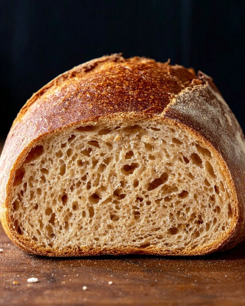 The image shows a close-up view of a sliced round loaf of bread standing upright on a wooden surface. The bread has a thick, golden-brown crust with a slightly rough texture, and the inside is soft and airy with many small holes, showing a light tan color. The bread's shape is dome-like, with the crust curving over the top and sides. The background is dark, making the bread stand out clearly against it. photo taken with an iphone --ar 4:5 --v 7