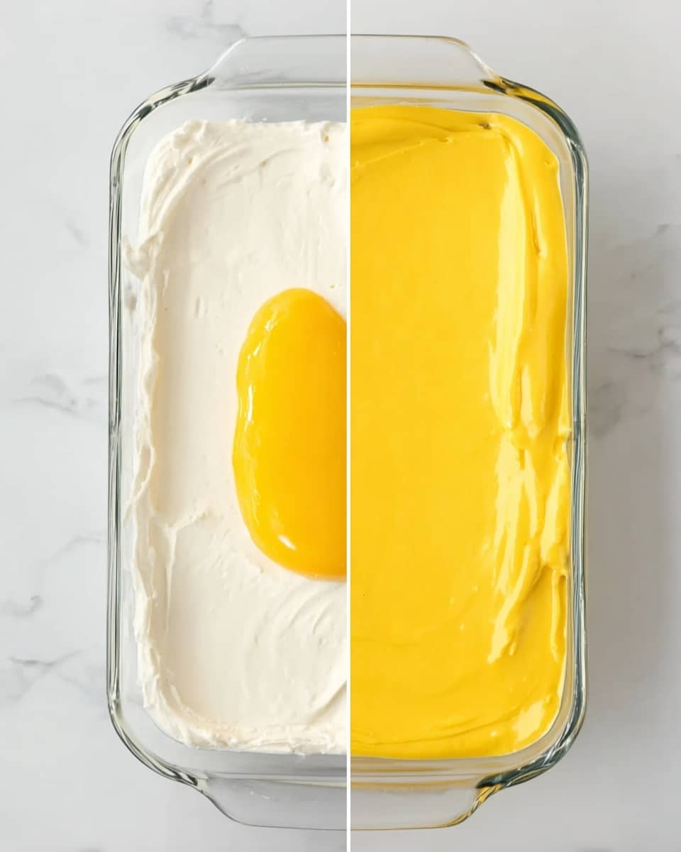 A top view of a clear glass rectangular dish on a white marbled surface showing two stages of a dessert. The left half displays a smooth, white cream layer spread evenly at the bottom with a dollop of thick, shiny, bright yellow topping placed near the center. The right half shows the same dish fully covered by the yellow topping layer, which looks smooth and glossy with some subtle texture. photo taken with an iphone --ar 4:5 --v 7