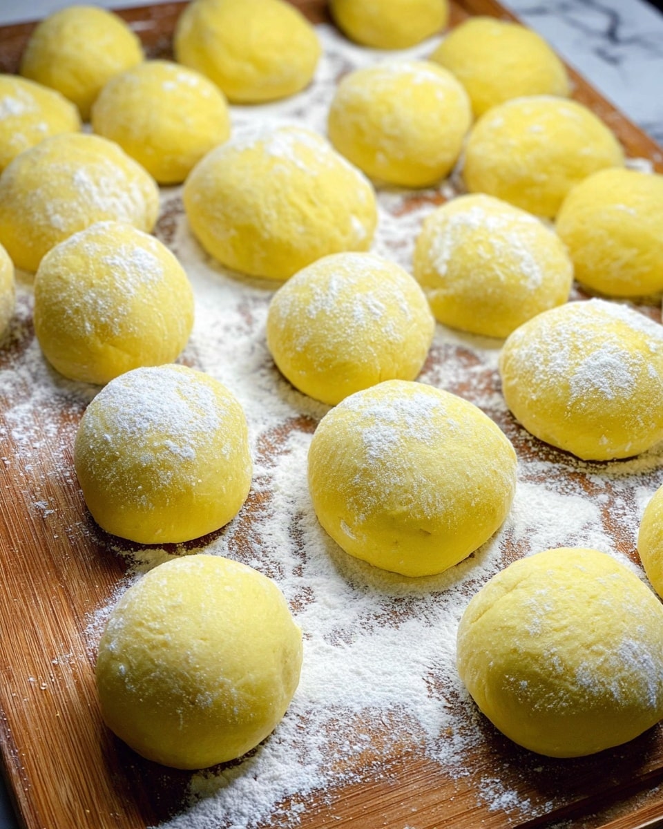 Many smooth yellow dough balls are arranged closely on a wooden board sprinkled with white flour. The dough balls have a soft texture and appear fresh and round, with some coated lightly with flour on top. The white marbled surface is visible around the board edges, giving a clean and bright look to the scene. Photo taken with an iphone --ar 4:5 --v 7