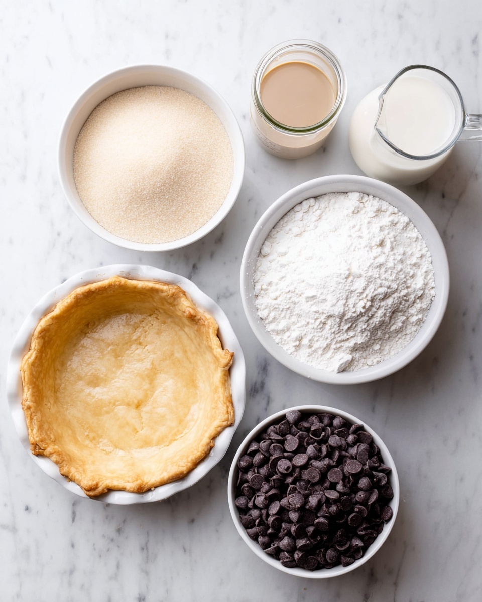 The image shows a white pie dish with a golden-brown baked pie crust at the bottom left. Above it, there is a white bowl filled with light beige granulated sugar. To the right of that, a small glass jar contains a light tan liquid. Below the jar, there is a white cup filled with white flour. Next to the cup on the right, a clear glass pitcher holds a frothy white liquid. Finally, at the bottom right, a white bowl is full of dark chocolate chips. All items are placed on a white marbled surface. photo taken with an iphone --ar 4:5 --v 7