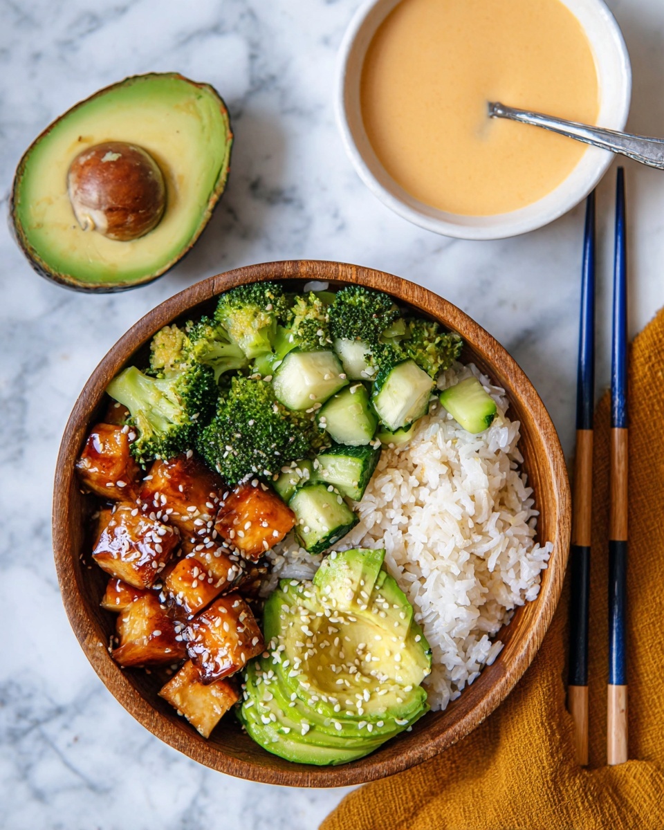 A wooden bowl holds a colorful food arrangement with four main layers: white rice on the right side with a fluffy texture, bright green broccoli and light green cucumber chunks on the left, glossy brown glazed tofu pieces with sesame seeds sprinkled on top in the center, and smooth light green avocado slices with sesame seeds on the lower right side. Beside the bowl, there is half an avocado showing its seed and a white bowl filled with light orange creamy sauce with a spoon. Two blue and white chopsticks are placed horizontally on the right side, all set on a white marbled surface with a mustard-colored cloth corner visible at the bottom. Photo taken with an iphone --ar 4:5 --v 7
