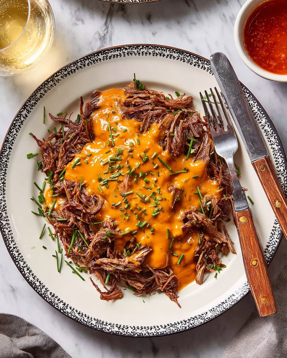 The image shows a bowl with three layers: the bottom layer is smooth, creamy white mashed potatoes, the middle layer is a pile of dark brown shredded meat placed to one side, and the top layer is a thick, rich brown sauce being poured over the meat. On the other side of the bowl, there are three bright green broccoli florets. The bowl is white and sits on a white marbled surface. In the background, there is a woman's hand pouring the sauce from a small pitcher, along with a glass of white wine and a small bowl of chopped green herbs. Photo taken with an iphone --ar 4:5 --v 7