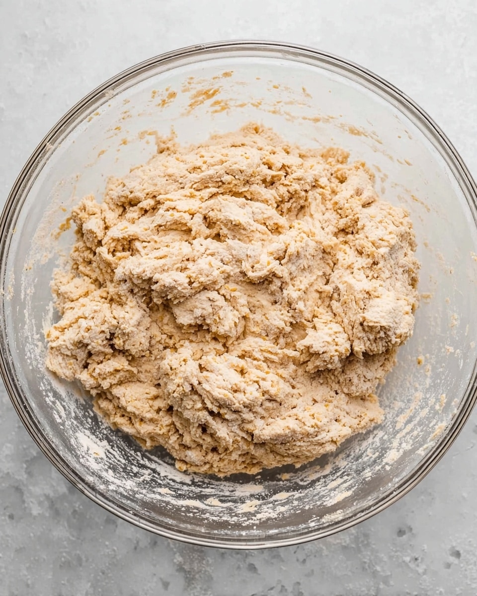 A large glass bowl holds a rough dough mixture, light tan in color with visible bits of grain giving it a slightly uneven texture. The dough looks thick and sticky, loosely gathered with some clumps and rough patches showing a mix of flour and moisture. The clear bowl sits on a white marbled surface, and small traces of flour dust are scattered inside the bowl along the edges. Photo taken with an iphone --ar 4:5 --v 7
