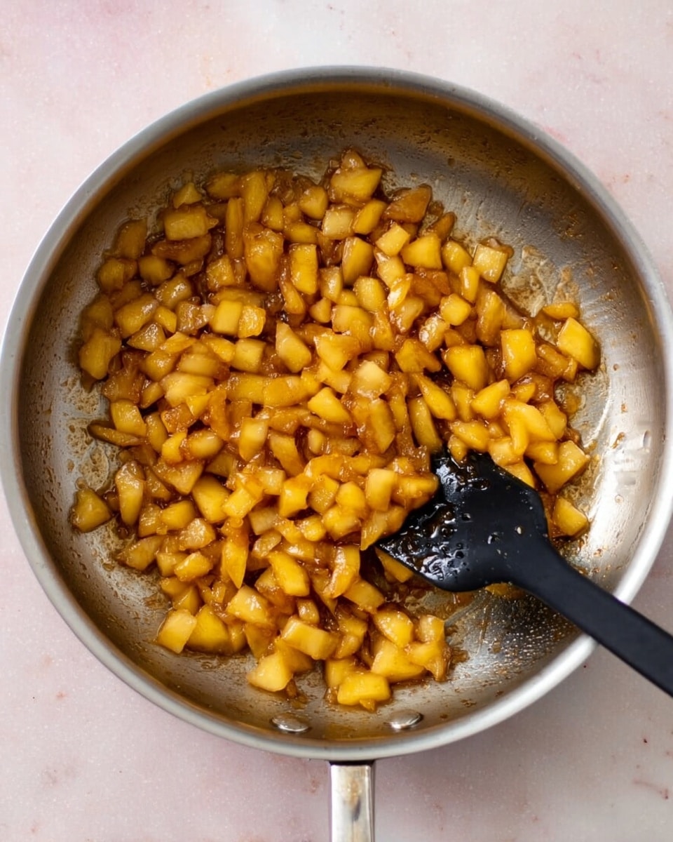 The image shows a silver metal frying pan filled with small, evenly chopped yellowish-brown pieces of cooked fruit or vegetable, lightly coated in a shiny sauce, covering the pan's bottom in one layer. A black spatula is resting inside the pan, partially under the chopped pieces on the right side, with the pan sitting on a white marbled surface. Photo taken with an iphone --ar 4:5 --v 7