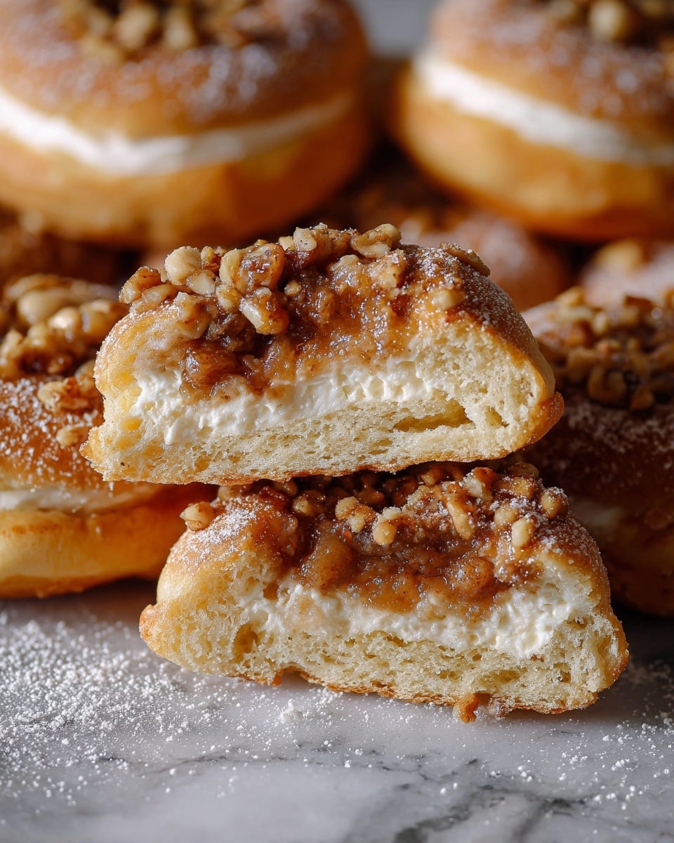 The image shows soft, round pastries with a light golden-brown crust. Each pastry has a thick, creamy white layer that looks smooth around the middle. On top of this creamy layer, there is a chunky topping made of small, warm brown pieces resembling cooked fruit and nuts. The pastries are sprinkled with fine white powder, likely powdered sugar, adding a gentle texture contrast. One pastry is cut in half and stacked, revealing a fluffy, soft inside with the creamy layer and fruit-nut topping clearly visible inside. The pastries rest on a flat surface with a white marbled texture visible in the blurred background. photo taken with an iphone --ar 4:5 --v 7
