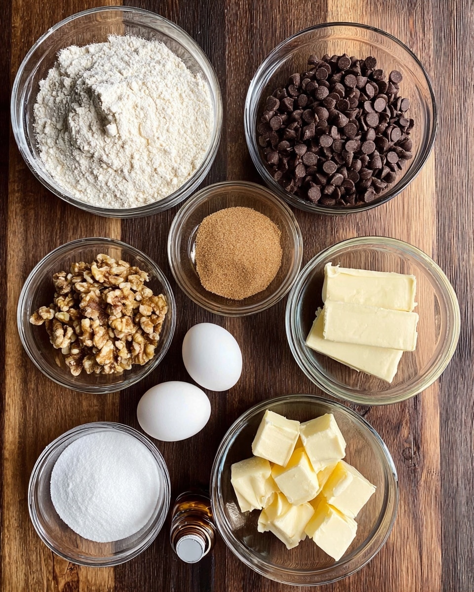 Top view of seven clear glass bowls arranged on a wooden surface, each holding different baking ingredients: one large bowl of white flour with a slightly textured surface, one large bowl full of dark brown chocolate chips with a smooth, shiny look, one medium bowl of light brown sugar with a crumbly texture, one medium bowl of white granulated sugar with a fine powdery surface, a smaller bowl filled with chopped light brown walnuts showing rough textures, a smaller bowl containing three small piles of white powders (baking soda, baking powder, and salt), and another smaller bowl holding several thick, square chunks of pale yellow butter. In the center sits one whole white egg, and a brown bottle with a dropper cap is partially visible at the bottom. Photo taken with an iphone --ar 4:5 --v 7