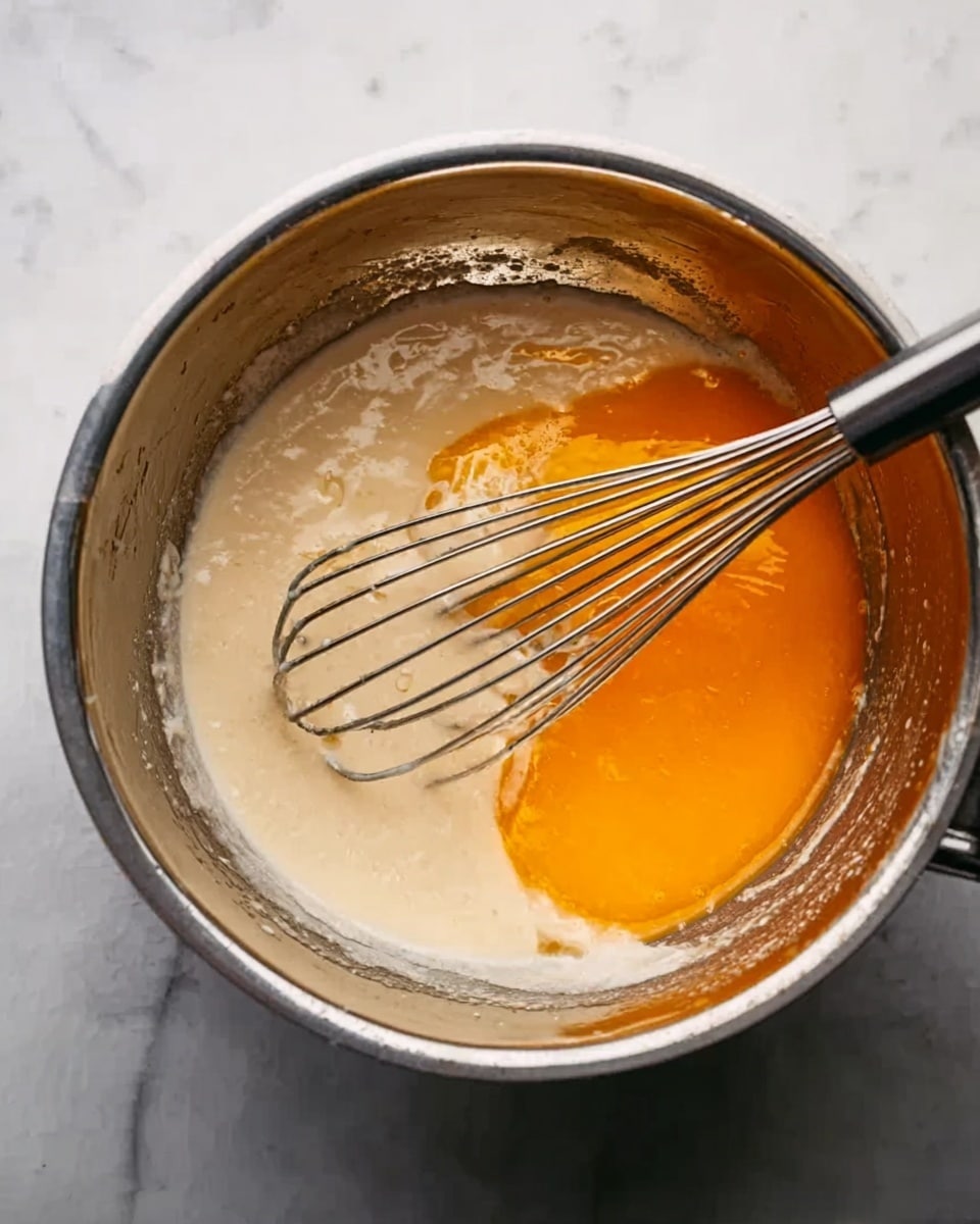 A metallic mixing bowl with a whisk inside shows two layers of ingredients: a thick, light cream-colored layer filling most of the bowl and a bright orange liquid layer partially on one side, blending into the cream. The bowl is placed on a white marbled surface with subtle grey veins. The whisk is wet with the mixtures, and the scene focuses closely on the bowl and whisk, capturing the texture of both layers clearly. photo taken with an iphone --ar 4:5 --v 7