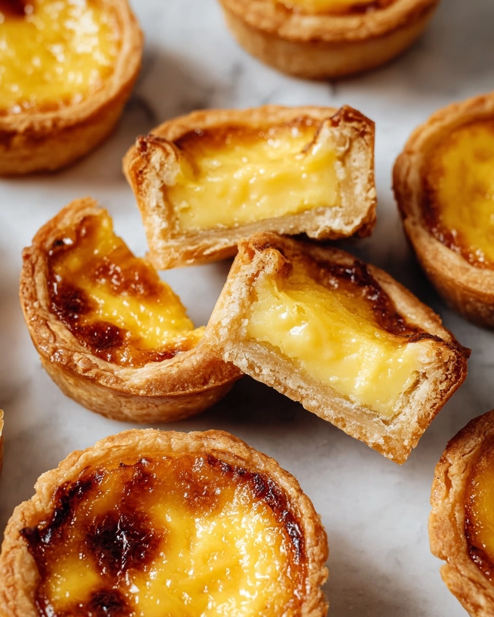 The image shows several small custard tarts with a flaky, light brown crust forming the outer layer. Inside, the filling is creamy yellow with a slightly browned, glossy top, indicating it is baked. Two tarts are sliced in half, revealing the soft yellow custard interior with a smooth texture inside the crisp pastry shell. The tarts are placed on a white marbled surface, close to each other, creating an inviting arrangement. photo taken with an iphone --ar 4:5 --v 7