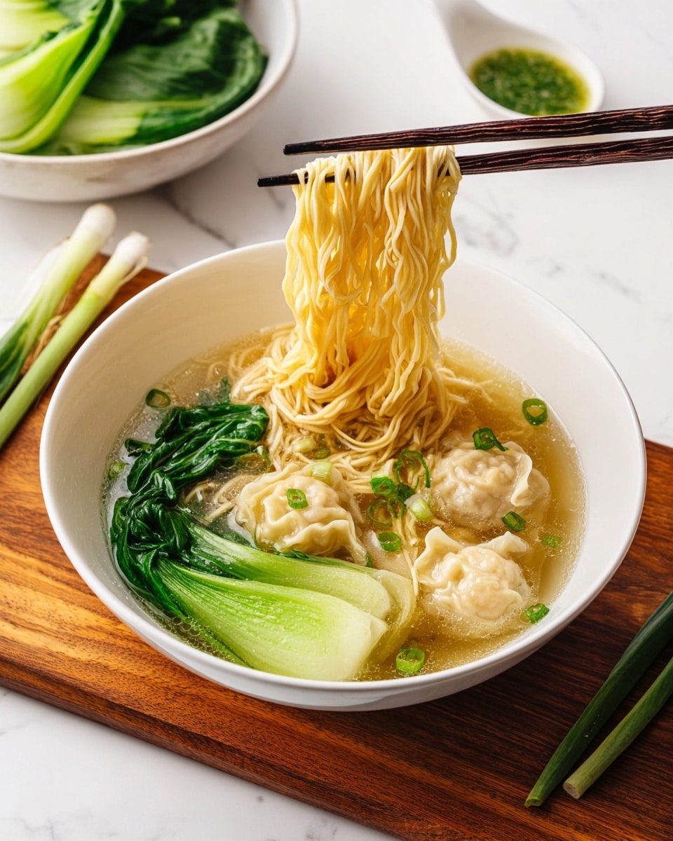 A white bowl filled with clear broth holds three bright green bok choy pieces on one side and several dumplings with a soft texture on the other. In the center, long yellow noodles with a smooth, slightly shiny surface are lifted above the bowl by dark brown chopsticks, showing their flat, ribbon-like shape. Small pieces of chopped green onions float on the broth near the edges of the bowl. The bowl sits on a wooden board with green onion stalks beside it, and a white bowl with green leafy vegetables and a small white dish with green sauce are blurred in the background, all set on a white marbled surface. photo taken with an iphone --ar 4:5 --v 7