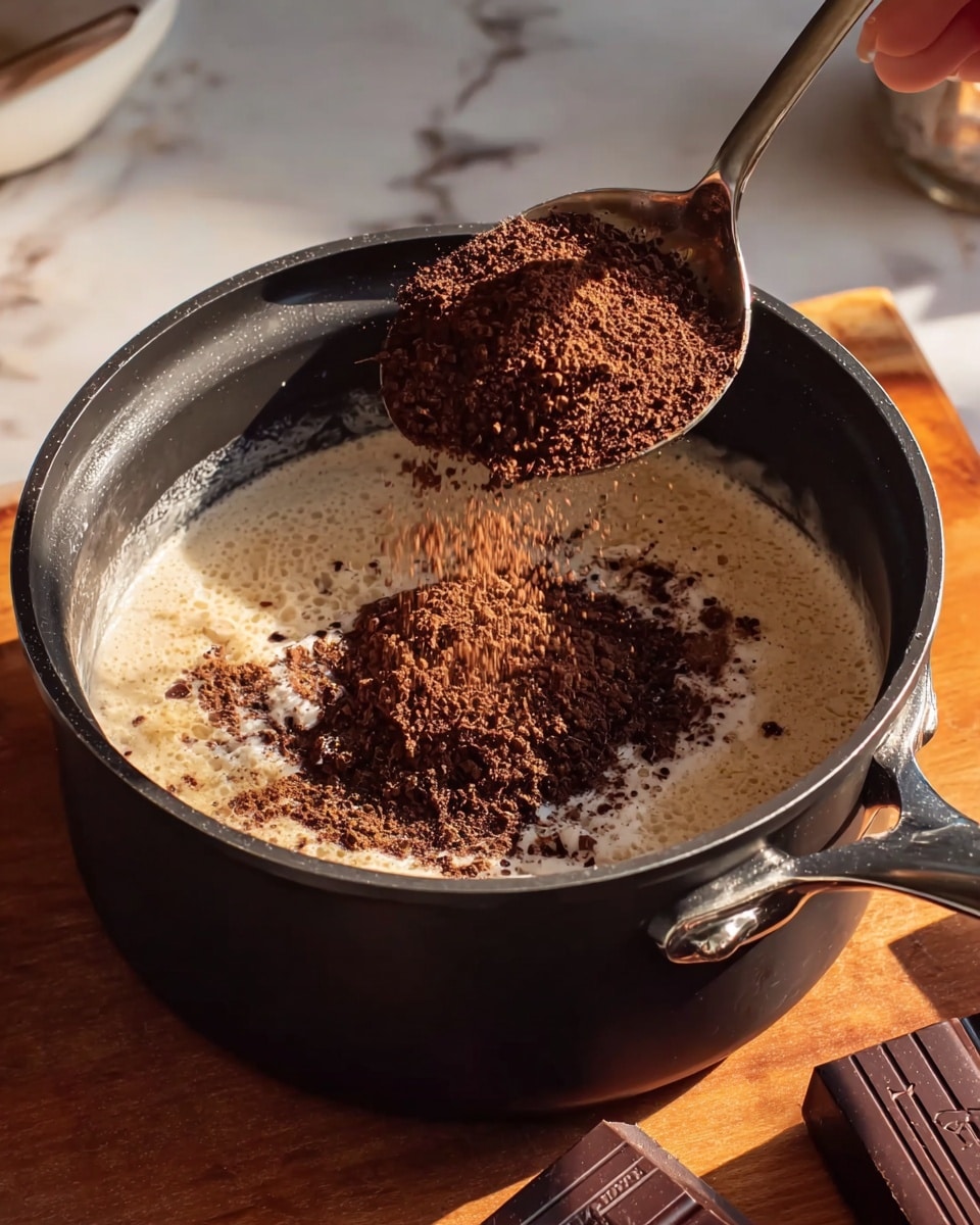 A close-up image of a black cooking pot on a wooden surface with a white marbled background, showing a mixture inside with a creamy beige liquid base topped with a mound of dark brown cocoa powder being poured from a silver spoon held by a woman's hand. The pot has a matte black finish with a shiny metal handle on the side. Near the pot, there is a block of dark chocolate with a few squares visible. The scene is warmly lit, highlighting the textures of the cocoa powder and the creamy liquid. Photo taken with an iphone --ar 4:5 --v 7