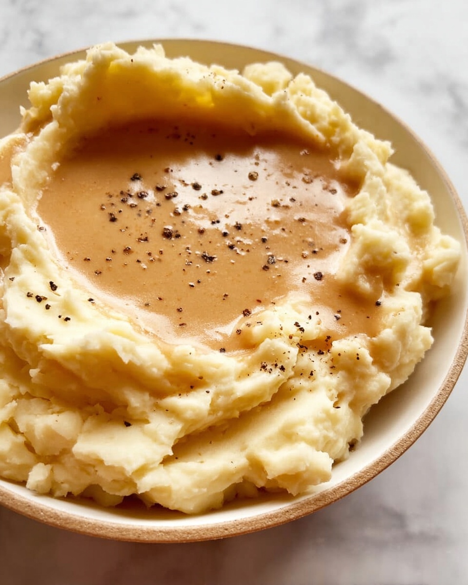 A white bowl holds a dish with two layers: the outer layer is light, fluffy mashed potatoes with a creamy texture, arranged thickly around the edge of the bowl. The center is filled with a smooth, brown gravy that slightly pools inside the mashed potato ring. Small black pepper specks are sprinkled over the gravy, adding contrast to its creamy brown color. The background surface is white marble. photo taken with an iphone --ar 4:5 --v 7