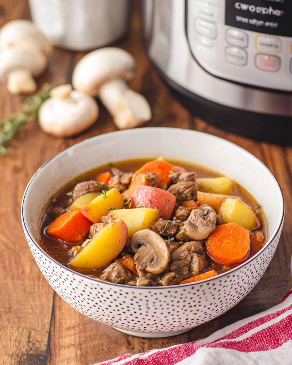 A white bowl with small black dots is full of stew showing three main layers: at the bottom there is brown broth, above it there are chunks of light brown meat and slices of mushrooms with a soft gray texture, and the top layer has thick slices of bright orange carrots and pieces of yellow and reddish potatoes. The bowl sits on a wooden table with a white marbled texture in the background, alongside whole white mushrooms and a crockpot in the back. A white and red striped cloth peeks in from the right side. photo taken with an iphone --ar 4:5 --v 7