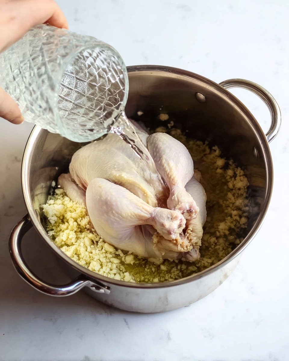 Inside a silver metal pot placed on a white marbled surface, there is a whole raw chicken lying on top of a layer of chopped garlic spread evenly at the bottom. A woman's hand is pouring clear water from a faceted glass, creating a small splash as it enters the pot. The chicken's skin is pale, and the garlic pieces are small and yellowish, surrounding the chicken at the base. The pot has two shiny handles on either side, reflecting light softly. photo taken with an iphone --ar 4:5 --v 7