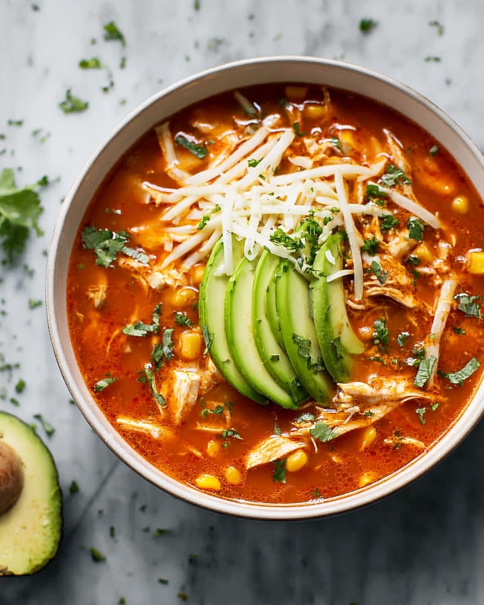 A white bowl filled with a thick orange-red soup that has visible chunks of shredded chicken and yellow corn. On top, there is a neatly sliced green avocado fan, and scattered around are thin white cheese strips and small green herb leaves. The bowl sits on a white marbled surface with a small piece of avocado nearby, and some chopped herbs are sprinkled around. photo taken with an iphone --ar 4:5 --v 7