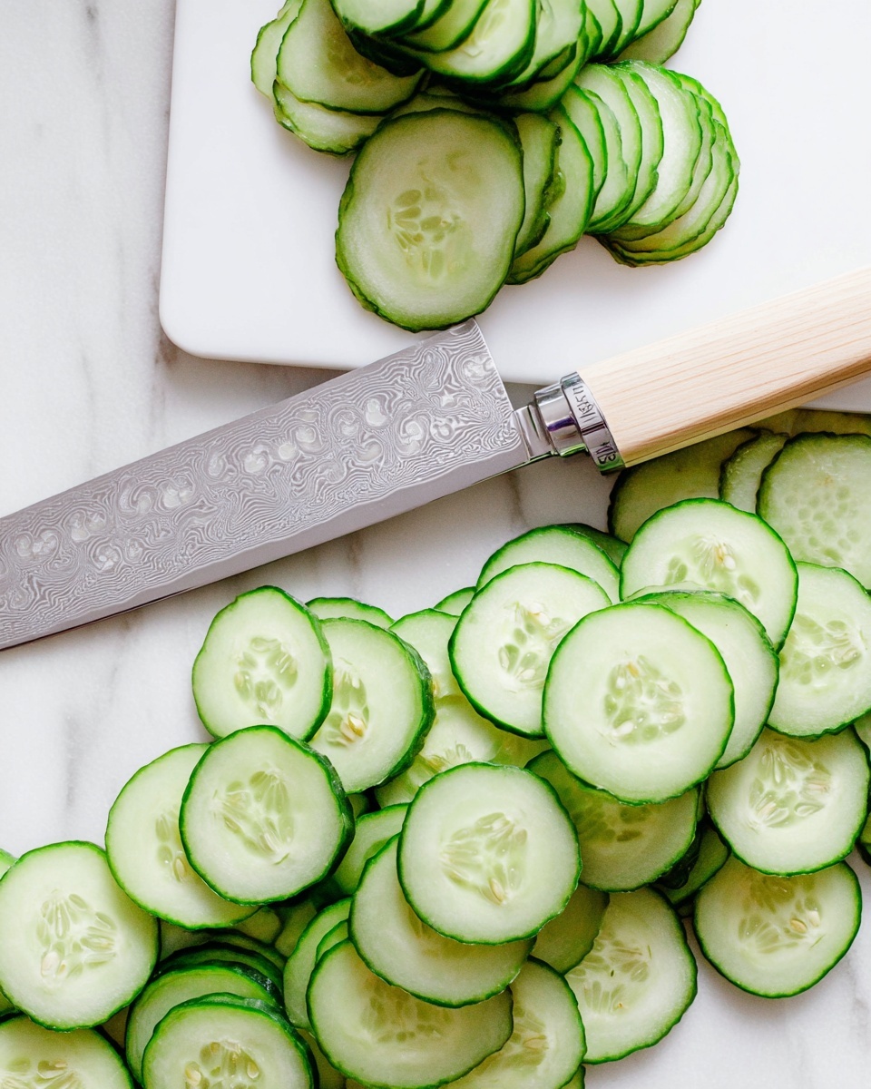 The image shows many thin, round slices of cucumber arranged in two groups on a white marbled surface. The first group is layered closely in a line across the bottom of the image, showing bright green skin with light green, translucent centers that reveal seeds. Near this group is a shiny knife with a patterned silver blade and a light wooden handle placed horizontally. Above the knife, the second group of cucumber slices is spread loosely in a small pile next to a white cutting board with a few slices overlapping its edge, which appears to be part of a kitchen slicer tool. Photo taken with an iphone --ar 4:5 --v 7