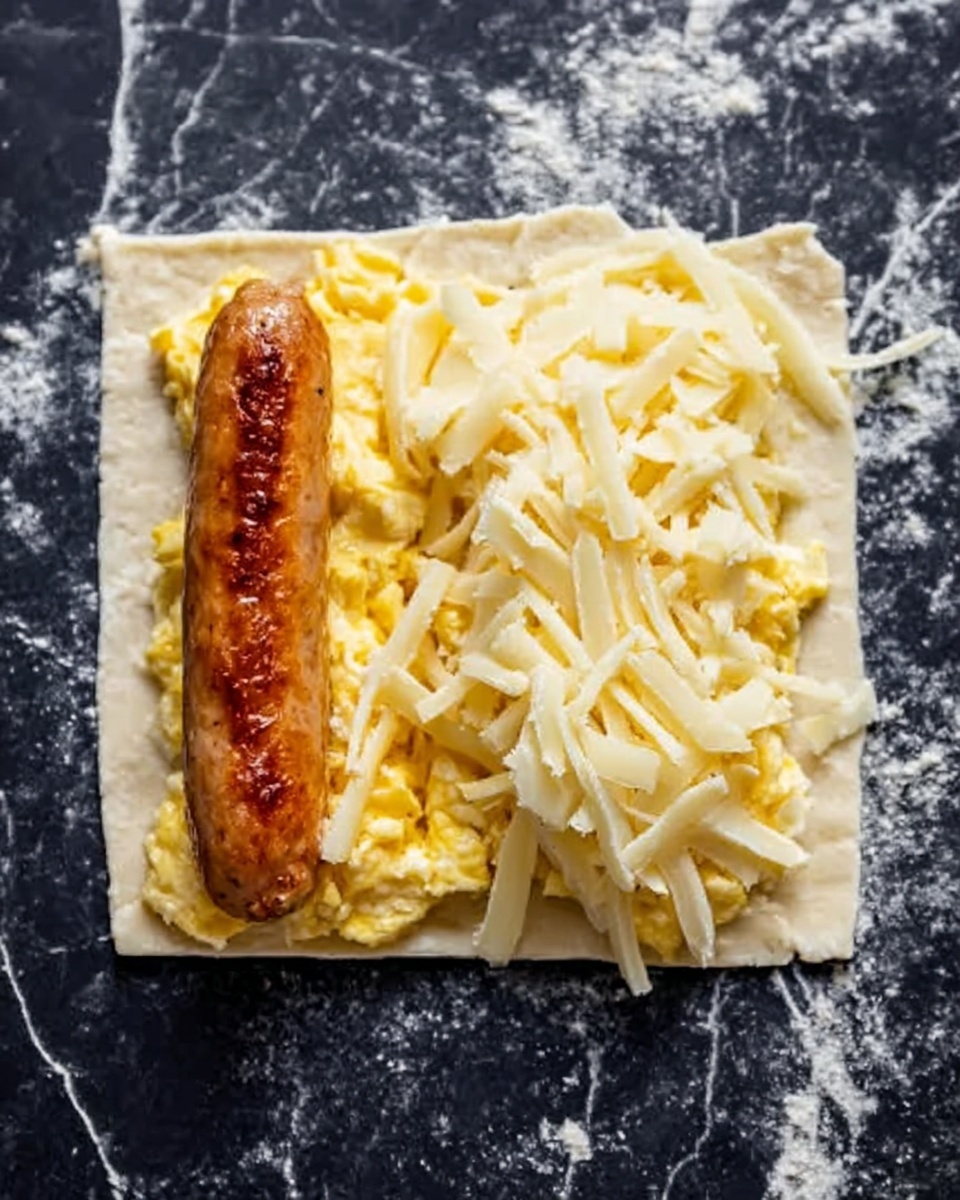 A white square piece of dough is placed on a dark surface with a light crackled pattern. On the left side, there is a golden-brown cooked sausage that has a slightly crispy texture. On the right side, there is a layer of shredded pale yellow cheese covering most of the dough. Below the shredded cheese, there is a layer of scrambled eggs, which are soft and light yellow, spread unevenly. The background surface is a white marbled texture. photo taken with an iphone --ar 4:5 --v 7