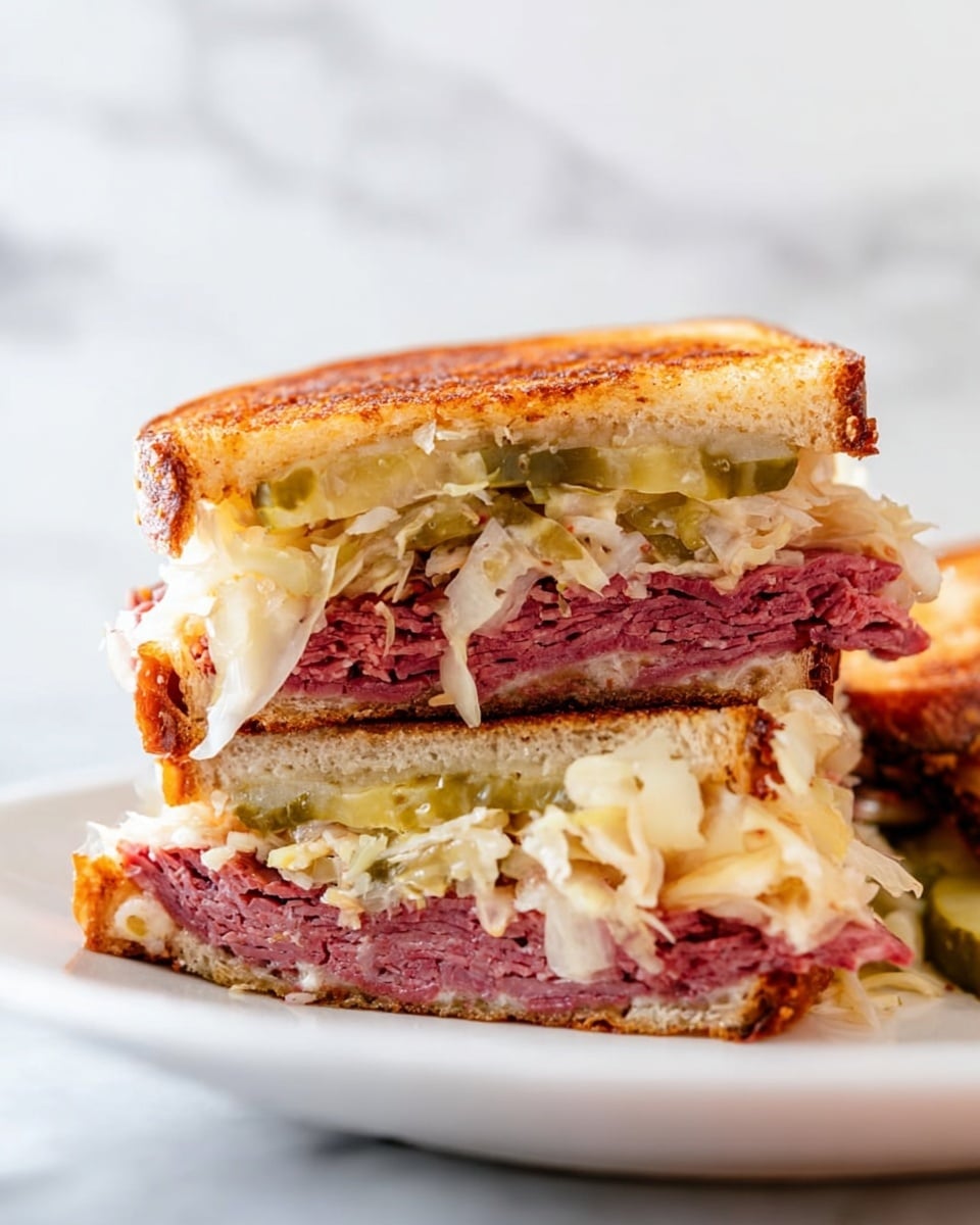 A close-up of a sandwich cut in half, stacked with three main layers. The top and bottom layers are crispy golden-brown toasted bread with a slightly uneven texture. Just below the top bread, there is a thick layer of pale shredded sauerkraut mixed with small bits of green pickles, followed by a slice of melted white cheese that covers a thick, reddish-pink layer of corned beef. Between the corned beef and the bottom bread is a layer of green pickles visible through the meat. The whole sandwich looks juicy and slightly messy with some sauerkraut spilling out. It is on a white plate placed on a white marbled surface. Photo taken with an iphone --ar 4:5 --v 7