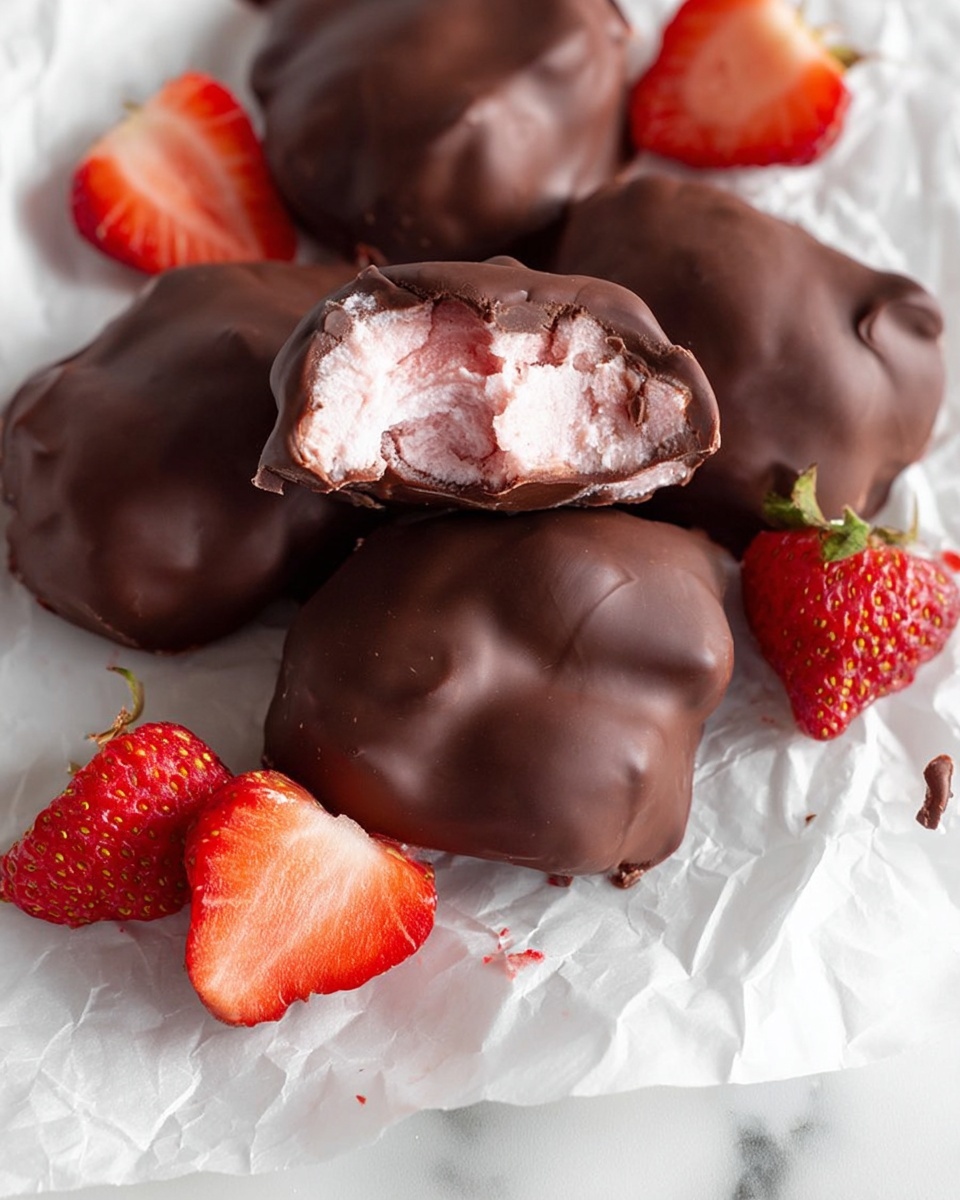 The image shows several dark brown chocolate-covered treats on a white crumpled paper with small pieces of bright red and light pink strawberries scattered around. One treat is broken in half, revealing a soft pink filling inside. The chocolate coating has a smooth but slightly uneven texture with small bumps and curves. The strawberries are fresh, with green leaves on some halves, and they add a vivid color contrast to the dark chocolate. The base background surface is a white marbled texture. photo taken with an iphone --ar 4:5 --v 7
