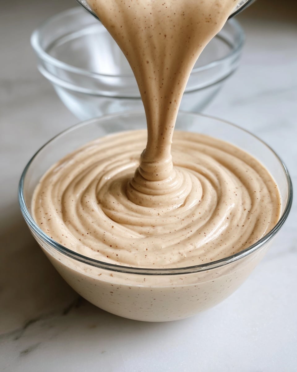 A glass bowl filled with smooth, creamy beige sauce with small specks evenly spread through it, showing a thick texture as it is poured in a spiral shape from above into the center of the bowl. The bowl is placed on a white marbled surface, and a second empty clear glass bowl is slightly blurred in the background. The sauce’s surface has gentle ridges from the pouring action, giving it a soft, glossy look. Photo taken with an iphone --ar 4:5 --v 7