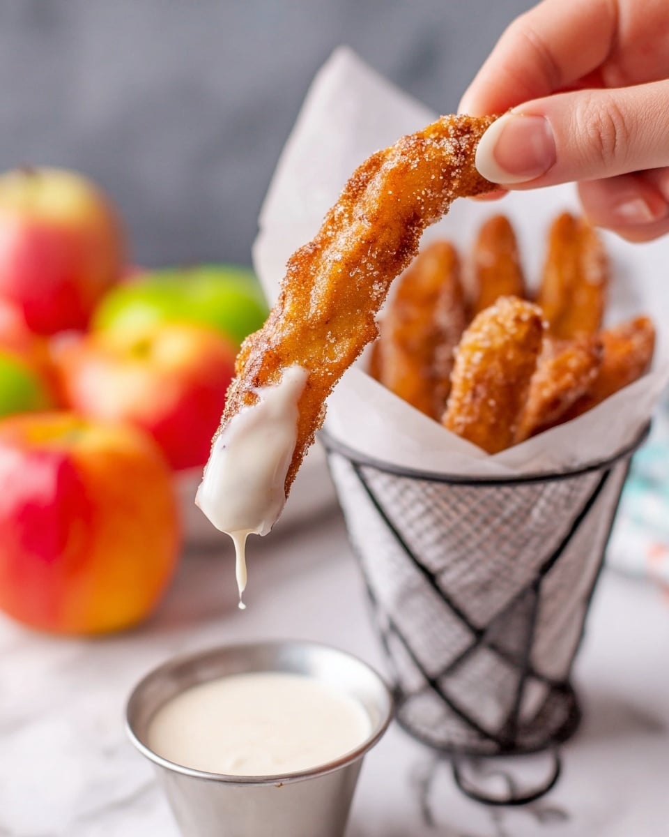 A close-up image shows a woman's hand holding a single fried cinnamon stick dipped in white creamy sauce. The cinnamon stick is golden brown with a textured, crispy coating and a smooth white sauce dripping over its tip. Behind the hand, a silver wire cone holds more fried cinnamon sticks inside white parchment paper. To the right of the cone, there is a small silver cup filled with more white sauce, sitting on a white marbled surface. In the background, blurred out, are colorful apples adding a soft contrast. photo taken with an iphone --ar 4:5 --v 7